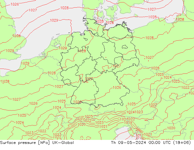 Presión superficial UK-Global jue 09.05.2024 00 UTC