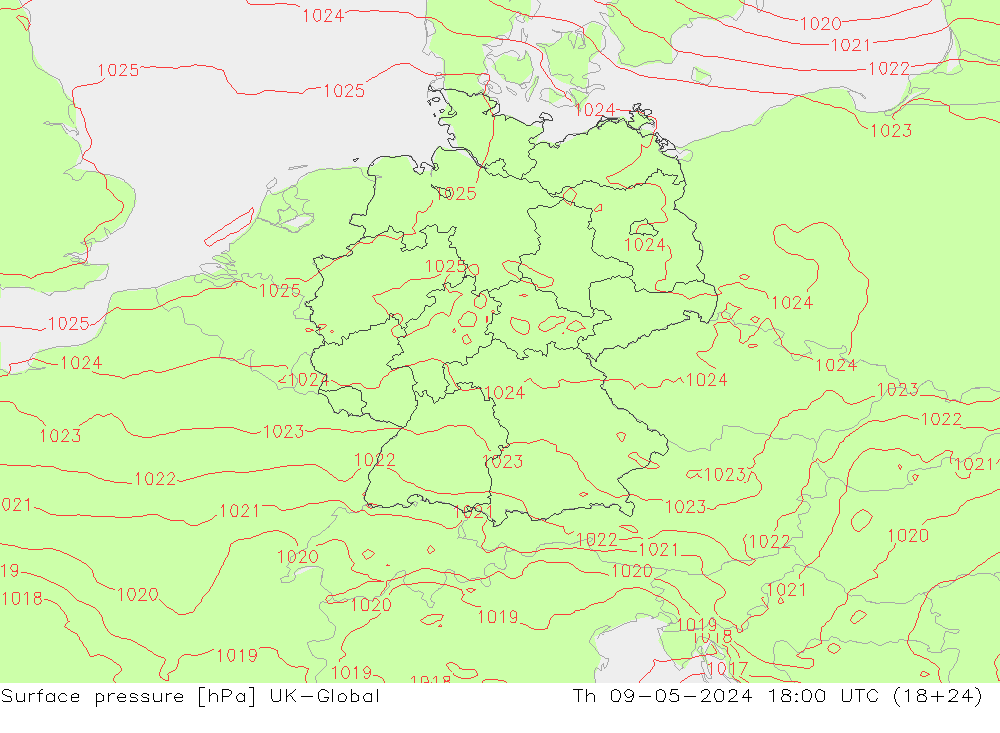 Pressione al suolo UK-Global gio 09.05.2024 18 UTC