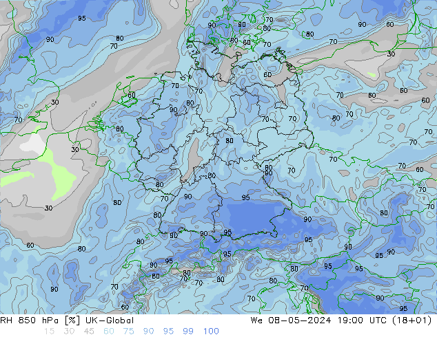 Humedad rel. 850hPa UK-Global mié 08.05.2024 19 UTC