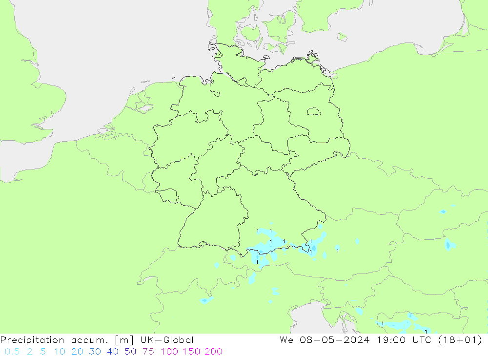 Precipitation accum. UK-Global 星期三 08.05.2024 19 UTC