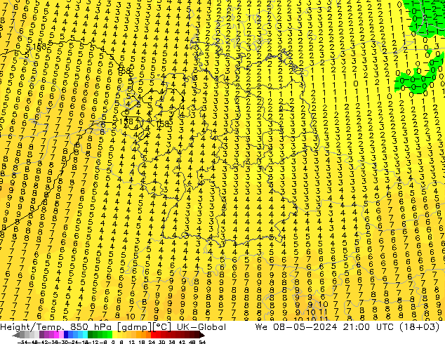 Yükseklik/Sıc. 850 hPa UK-Global Çar 08.05.2024 21 UTC