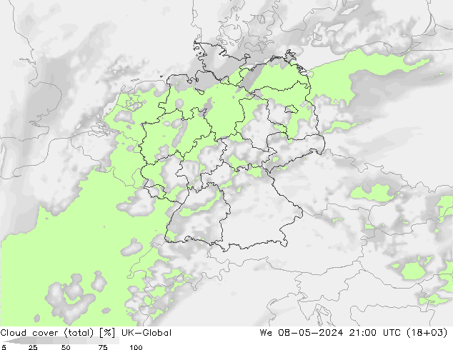 Cloud cover (total) UK-Global St 08.05.2024 21 UTC