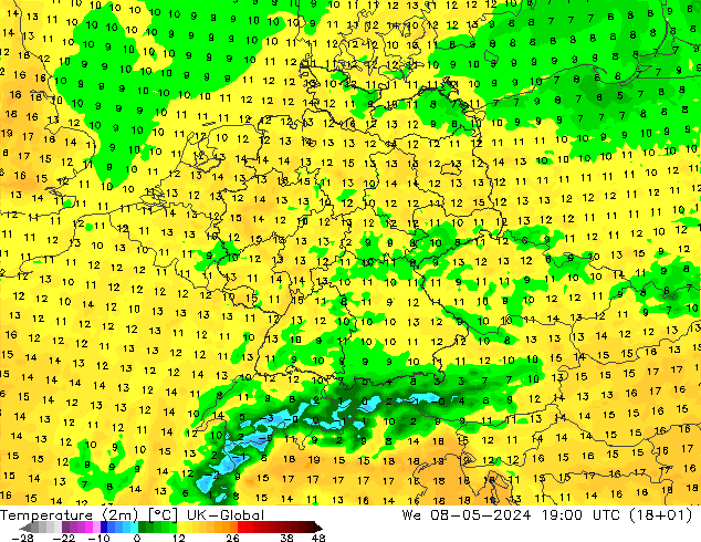 Temperatura (2m) UK-Global mié 08.05.2024 19 UTC