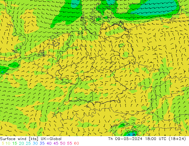 风 10 米 UK-Global 星期四 09.05.2024 18 UTC