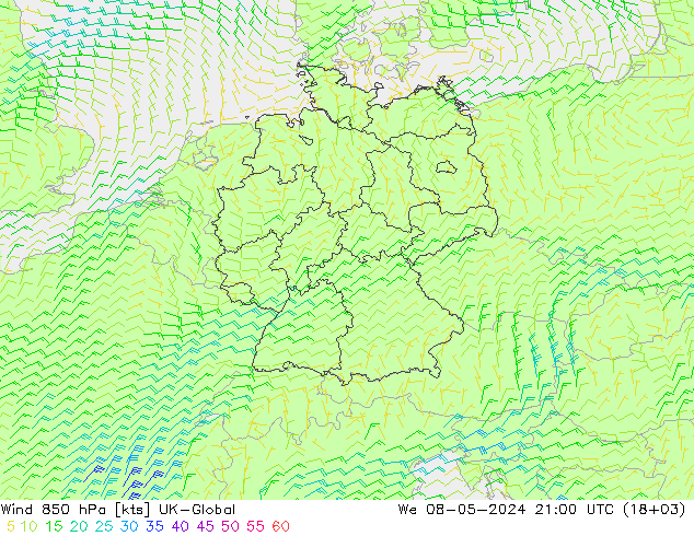 风 850 hPa UK-Global 星期三 08.05.2024 21 UTC