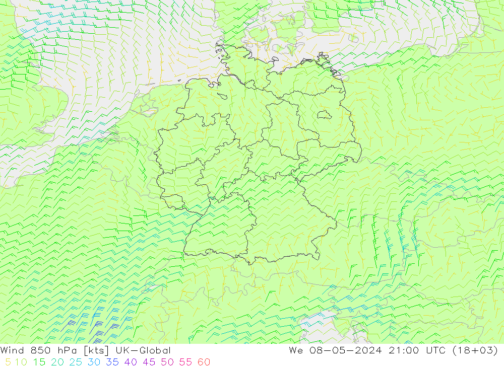 风 850 hPa UK-Global 星期三 08.05.2024 21 UTC