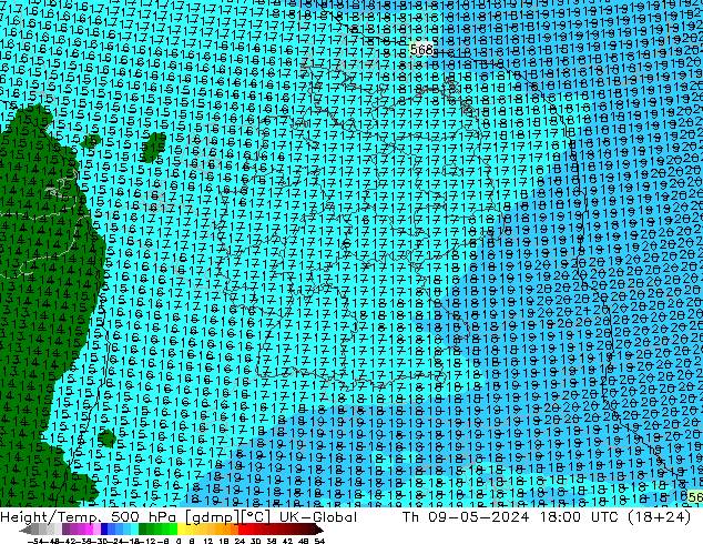 Height/Temp. 500 hPa UK-Global Th 09.05.2024 18 UTC