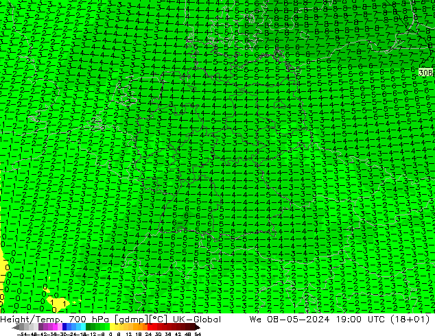 Géop./Temp. 700 hPa UK-Global mer 08.05.2024 19 UTC