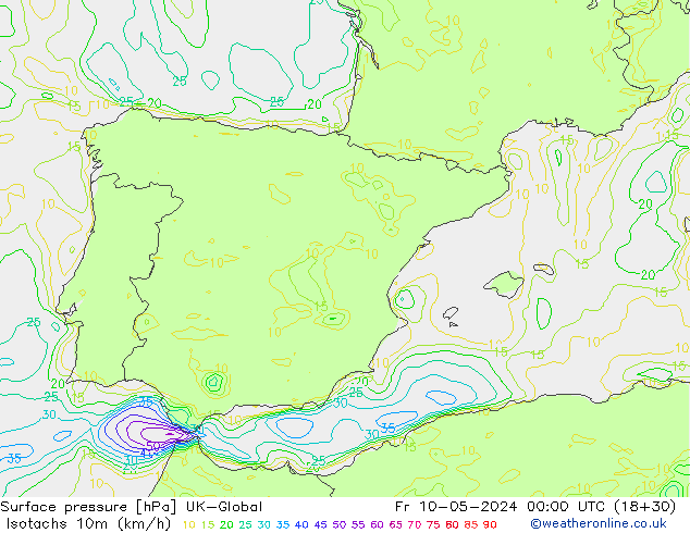 Isotachs (kph) UK-Global Fr 10.05.2024 00 UTC