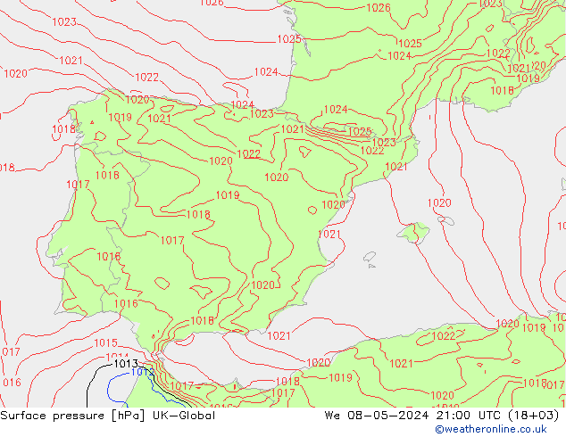 Pressione al suolo UK-Global mer 08.05.2024 21 UTC
