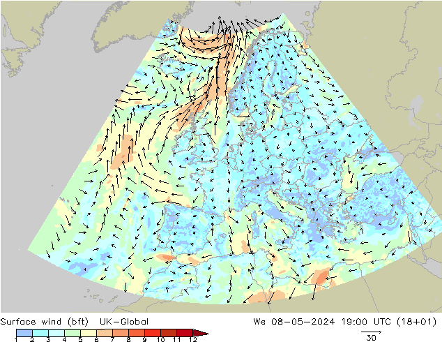 Surface wind (bft) UK-Global We 08.05.2024 19 UTC