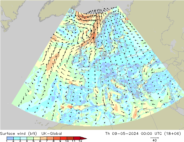 Surface wind (bft) UK-Global Th 09.05.2024 00 UTC