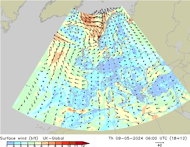Surface wind (bft) UK-Global Th 09.05.2024 06 UTC