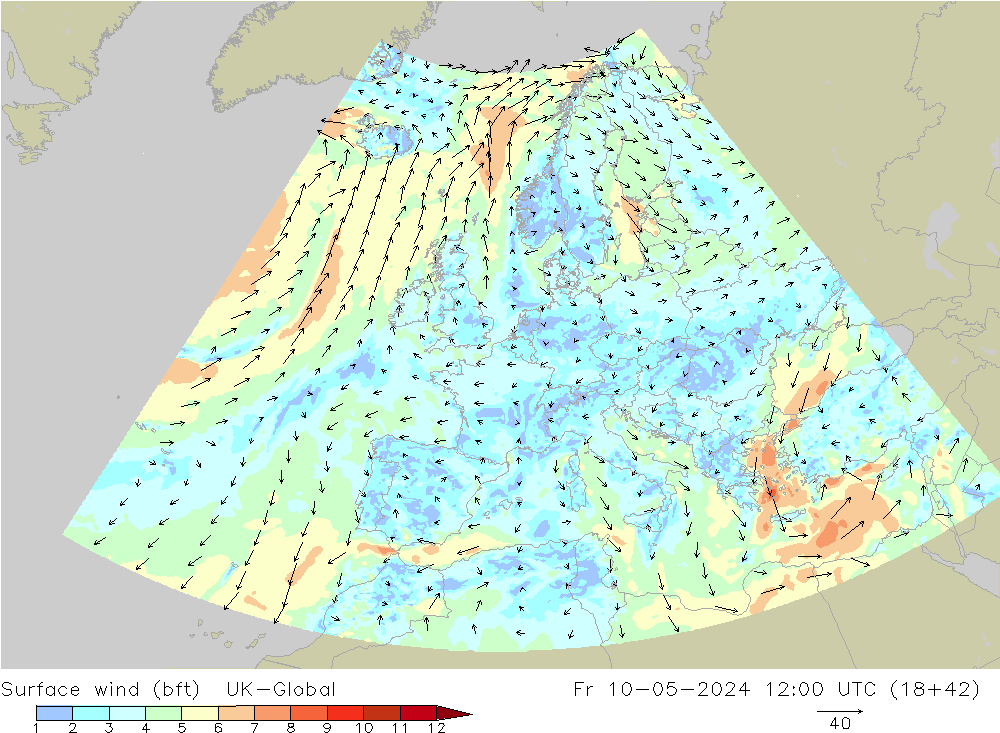 Surface wind (bft) UK-Global Fr 10.05.2024 12 UTC