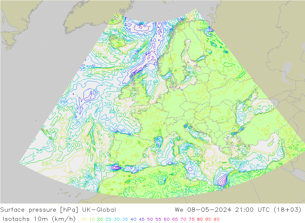 Isotaca (kph) UK-Global mié 08.05.2024 21 UTC