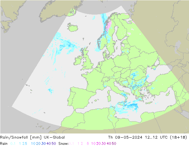 Rain/Snowfall UK-Global gio 09.05.2024 12 UTC