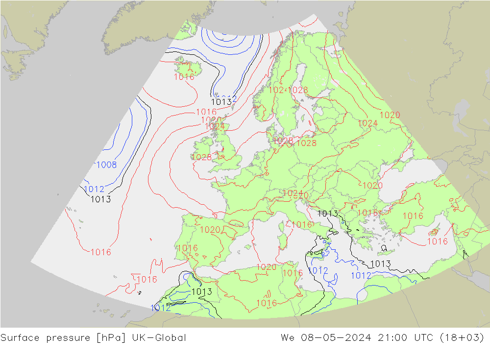 地面气压 UK-Global 星期三 08.05.2024 21 UTC