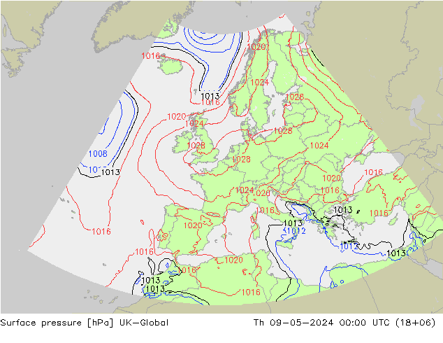 Presión superficial UK-Global jue 09.05.2024 00 UTC