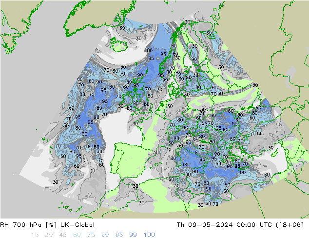Humedad rel. 700hPa UK-Global jue 09.05.2024 00 UTC