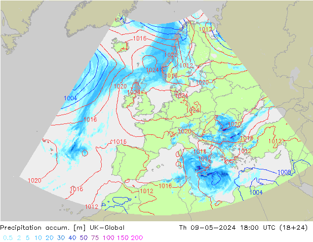 Precipitation accum. UK-Global 星期四 09.05.2024 18 UTC