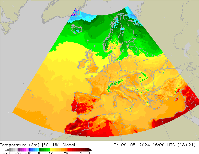 Temperatura (2m) UK-Global Qui 09.05.2024 15 UTC