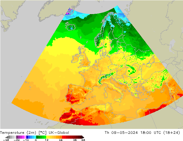 Temperatura (2m) UK-Global Qui 09.05.2024 18 UTC