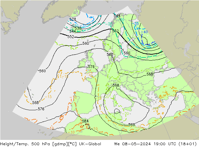 Height/Temp. 500 hPa UK-Global mer 08.05.2024 19 UTC