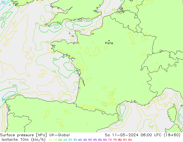 Isotachen (km/h) UK-Global Sa 11.05.2024 06 UTC