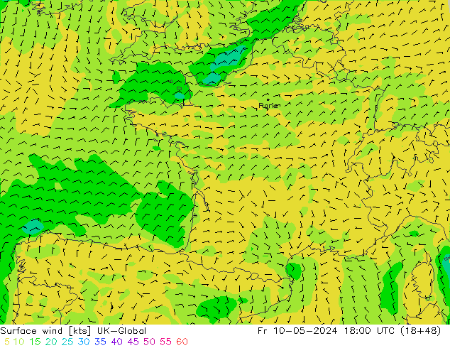Vento 10 m UK-Global ven 10.05.2024 18 UTC