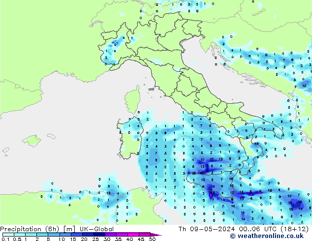 Precipitation (6h) UK-Global Čt 09.05.2024 06 UTC