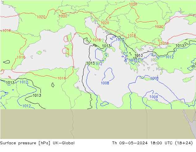 Surface pressure UK-Global Th 09.05.2024 18 UTC