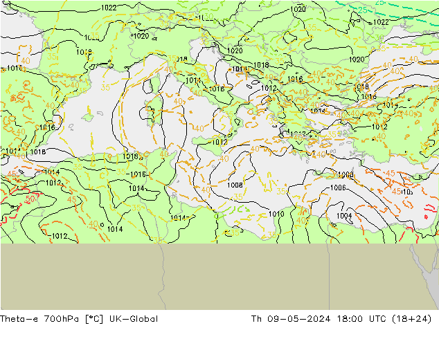 Theta-e 700hPa UK-Global Th 09.05.2024 18 UTC