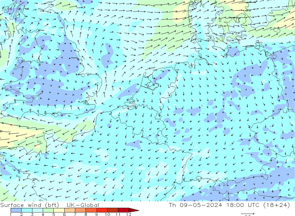 Vent 10 m (bft) UK-Global jeu 09.05.2024 18 UTC