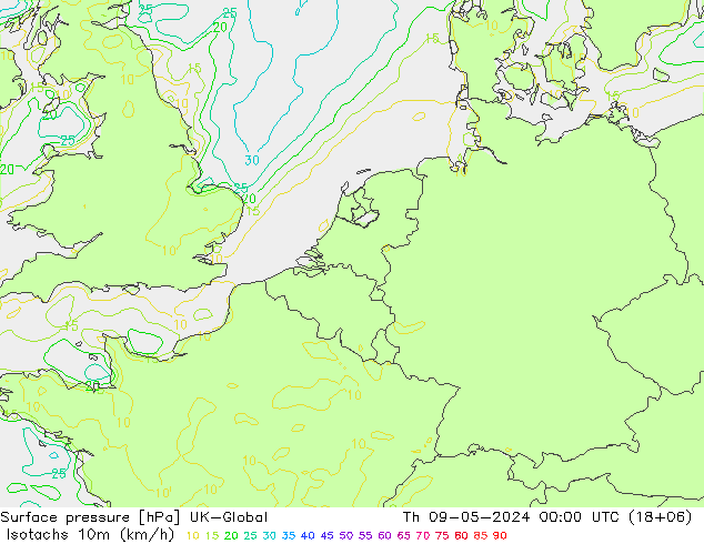 Isotachen (km/h) UK-Global Do 09.05.2024 00 UTC