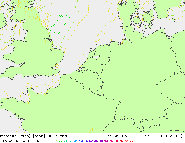 Isotachen (mph) UK-Global wo 08.05.2024 19 UTC