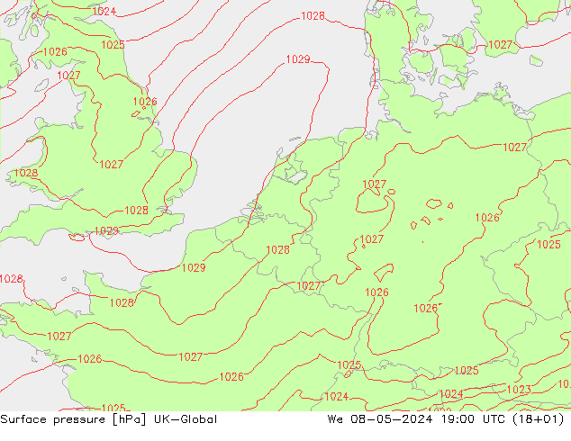 Pressione al suolo UK-Global mer 08.05.2024 19 UTC