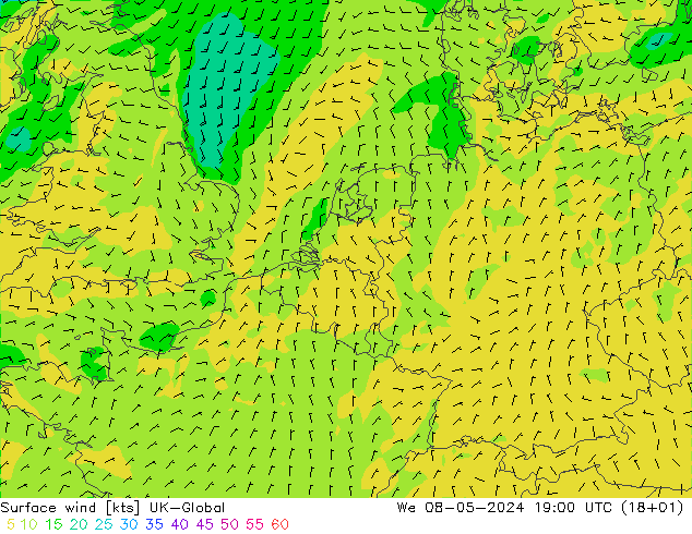 Wind 10 m UK-Global wo 08.05.2024 19 UTC
