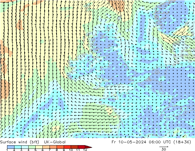 Surface wind (bft) UK-Global Fr 10.05.2024 06 UTC