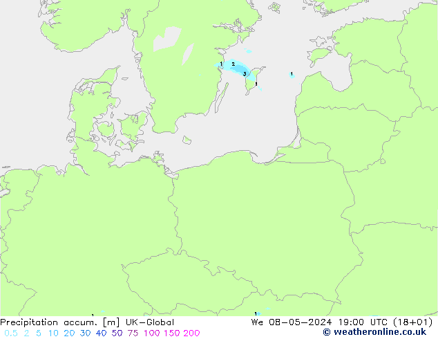 Totale neerslag UK-Global wo 08.05.2024 19 UTC