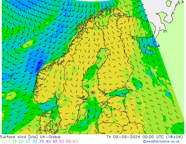 Wind 10 m UK-Global do 09.05.2024 00 UTC