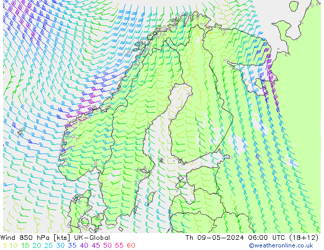 Rüzgar 850 hPa UK-Global Per 09.05.2024 06 UTC