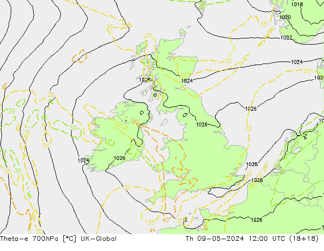 Theta-e 700hPa UK-Global Th 09.05.2024 12 UTC