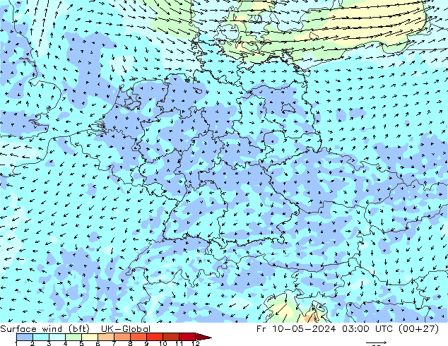 Surface wind (bft) UK-Global Fr 10.05.2024 03 UTC