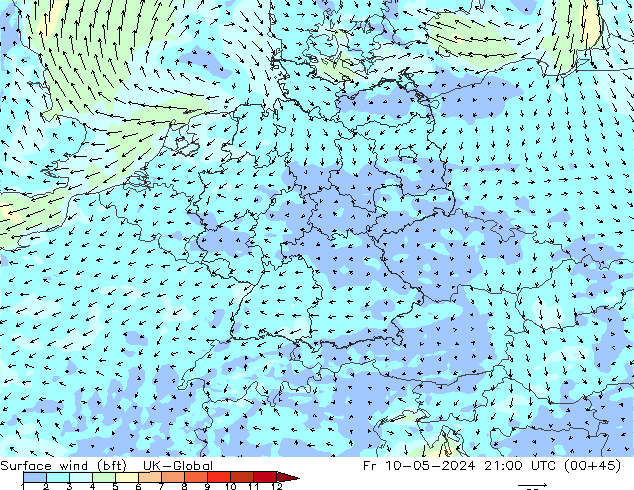 Viento 10 m (bft) UK-Global vie 10.05.2024 21 UTC