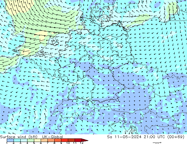 Surface wind (bft) UK-Global Sa 11.05.2024 21 UTC