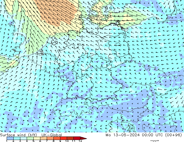wiatr 10 m (bft) UK-Global pon. 13.05.2024 00 UTC