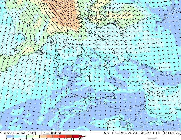 Surface wind (bft) UK-Global Po 13.05.2024 06 UTC