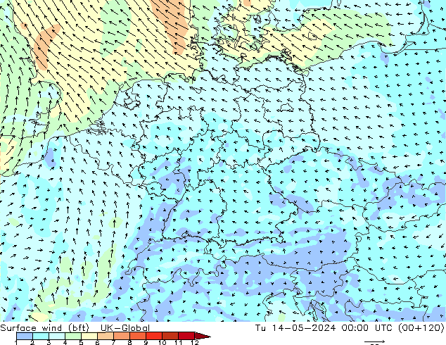 Surface wind (bft) UK-Global Tu 14.05.2024 00 UTC