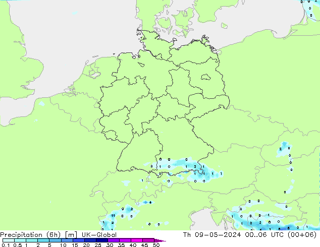 降水量 (6h) UK-Global 星期四 09.05.2024 06 UTC