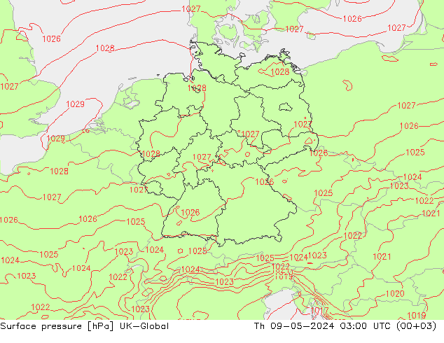 Pressione al suolo UK-Global gio 09.05.2024 03 UTC